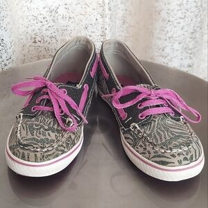SPERRY Girls Top Side Cruiser Sparkly Finish in a Zebra Grey Pink Colorway Sz 2